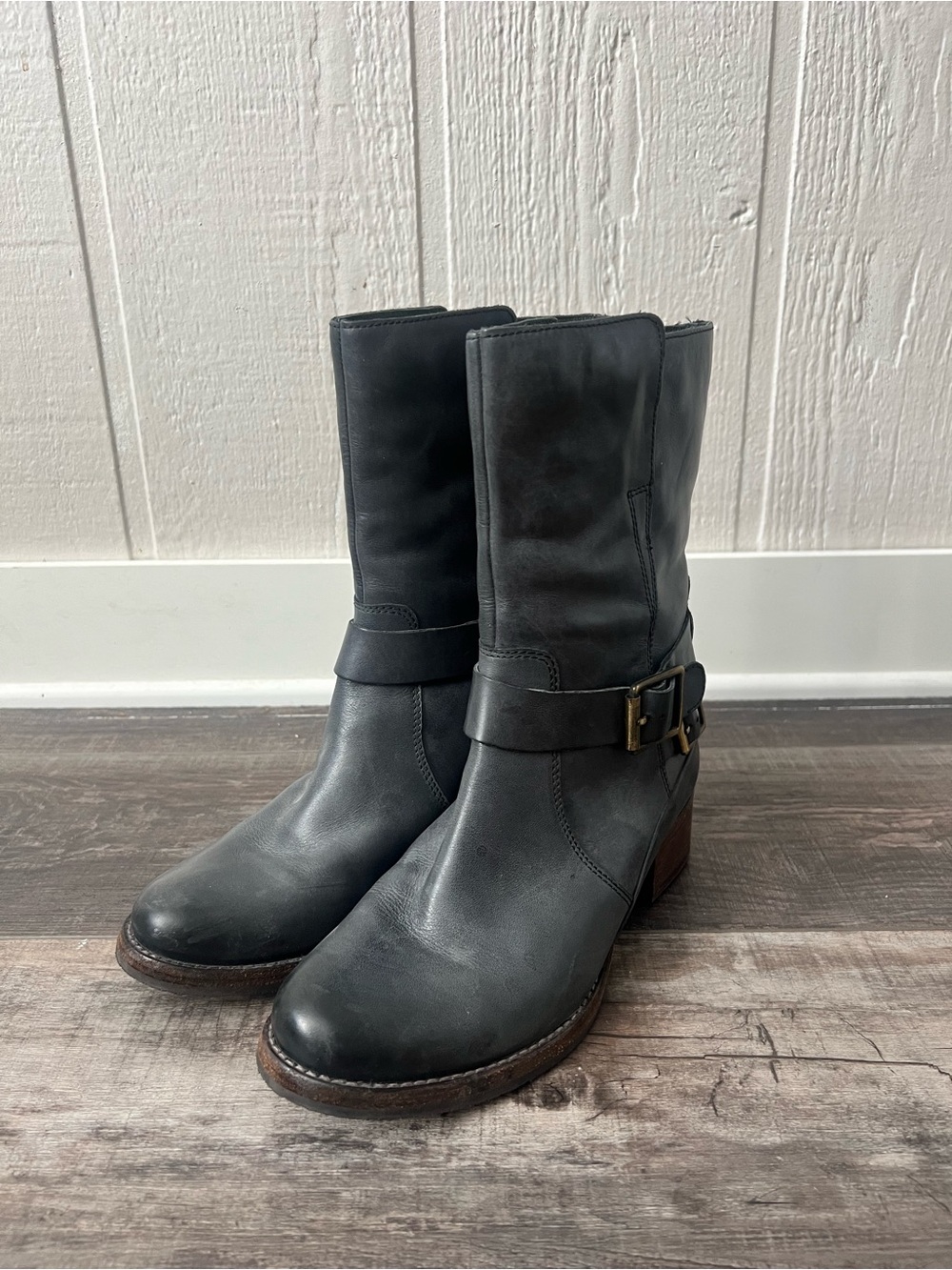 Clarks Black Leather Mid-Calf Buckle Boots